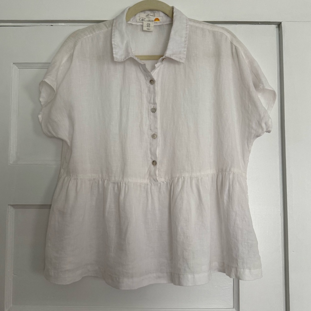 C & C California White 1/2 Button Down Babydoll Short Sleeve Women's Medium!